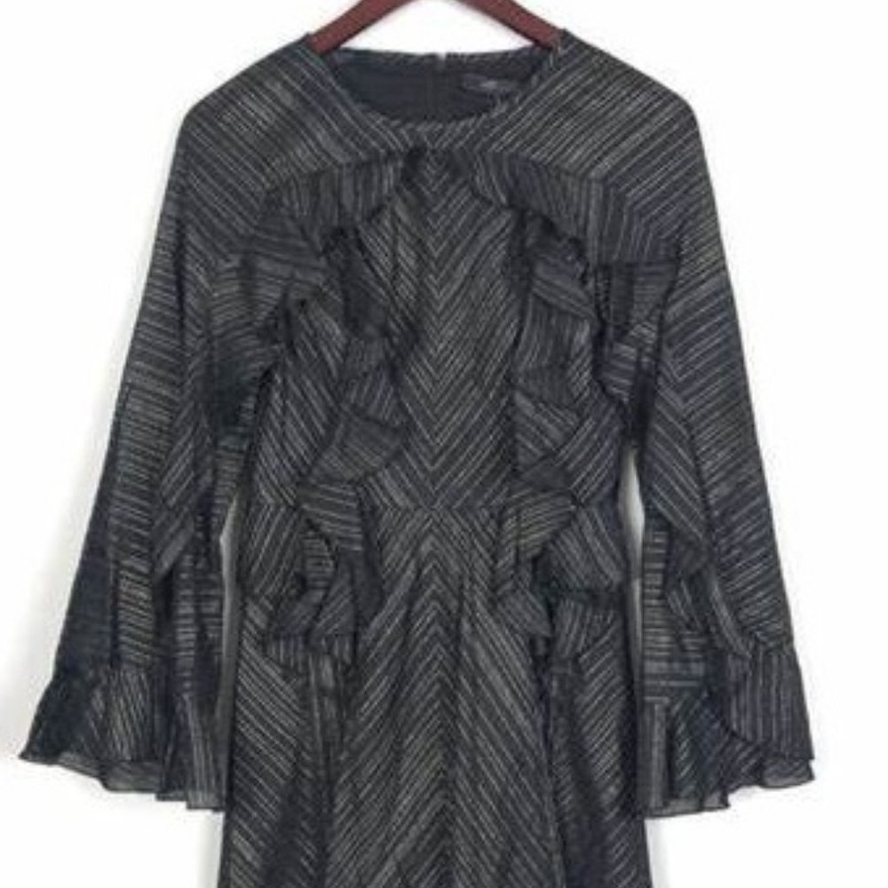 BCBGMAXAZRIA Dress Medium Metallic Black Ruffle Bell Sleeve Fit & Flare - Picture 2 of 6